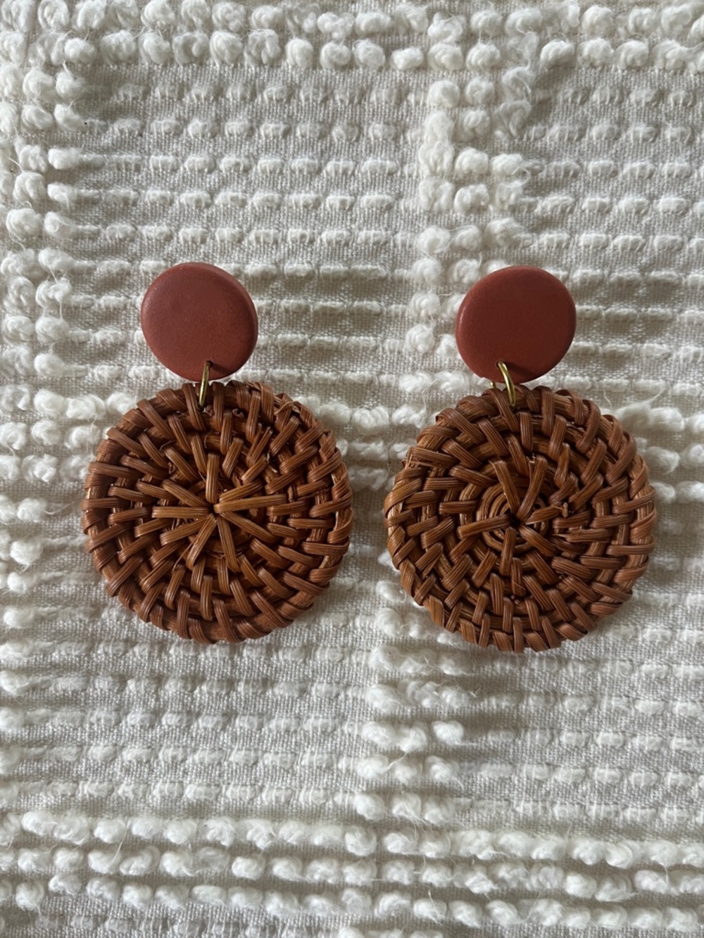 Woven Rattan Drop Earrings with Terracotta Studs